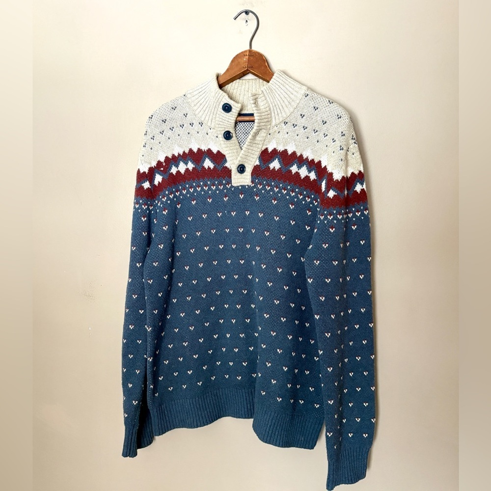 United by Blue fair isle pullover 1/4 button mock neck sweater cotton wool L